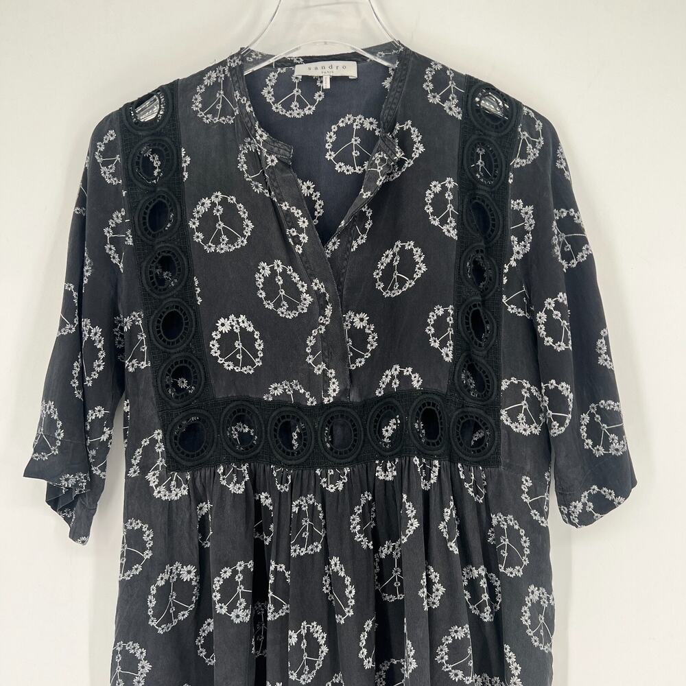 Sandro Dress Womens 2 Black Mini Boho Peace Flowers Silk Hippie Fairy Grunge - Picture 3 of 12